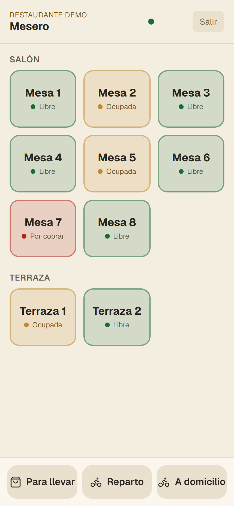 Pantalla del mesero en un celular: el salón con las mesas 1 a 8 y la terraza, cada una marcada como libre, ocupada o por cobrar.
